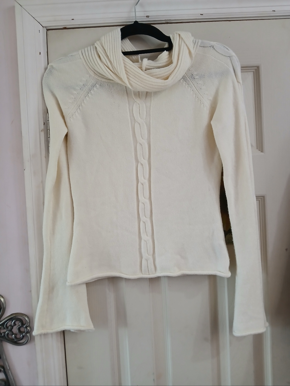 Y2K Rave Sweater Womens Medium Cream Cable Knit Cowl NeckSki Skate Flare Sle